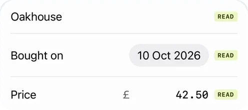 Shop, date and price, each marked READ